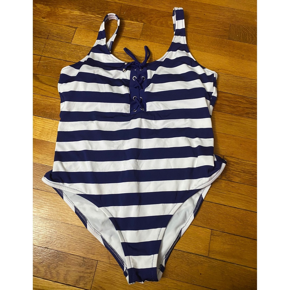 Mossimo Women Blue White Striped Lace Up One Piece Swimsuit Cutout Back